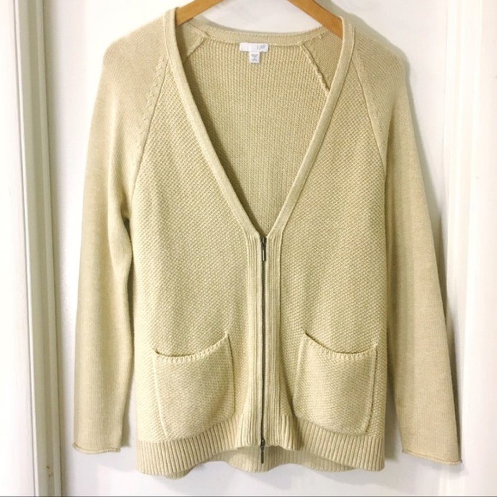 J Jill Sand Beige Zip Front Cardigan